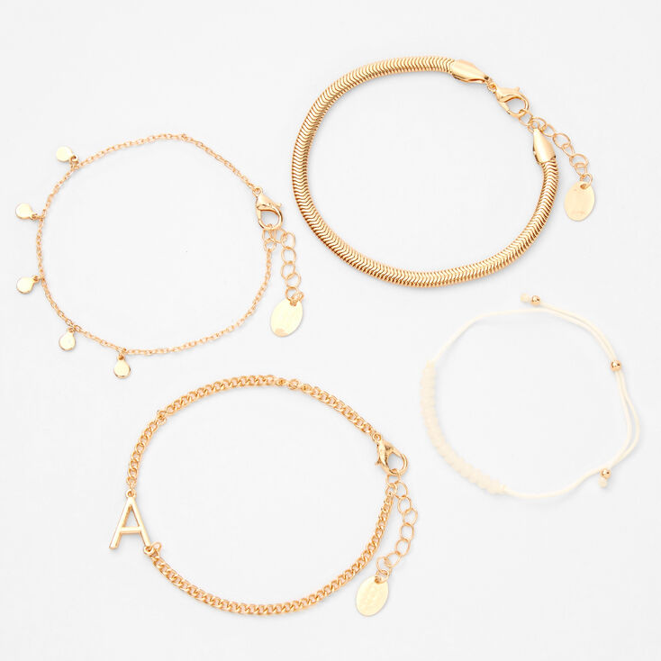 Gold Initial Beaded Chain Bracelets - 4 Pack, A,