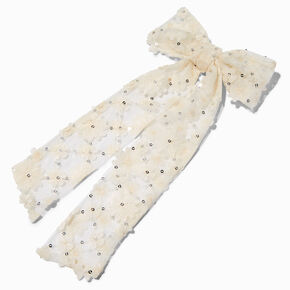 Ivory Flower Sequin Long Tail Hair Bow Clip,