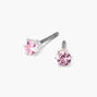 Silver Cubic Zirconia Round Stud Earrings - Pink, 3MM,