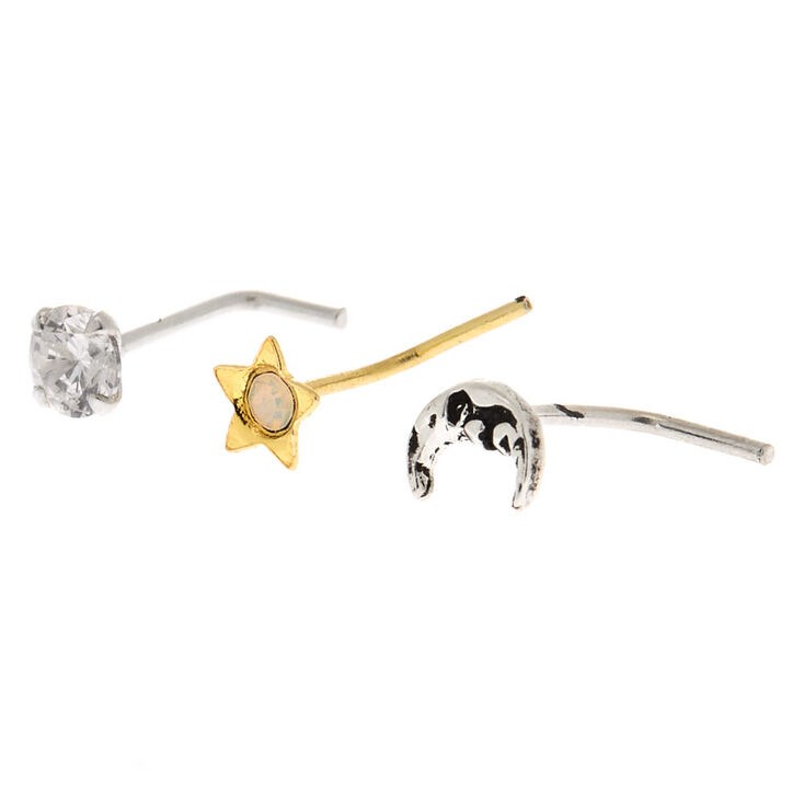 Sterling Silver Mixed Metal 22G Celestial Nose Studs - 3 Pack,