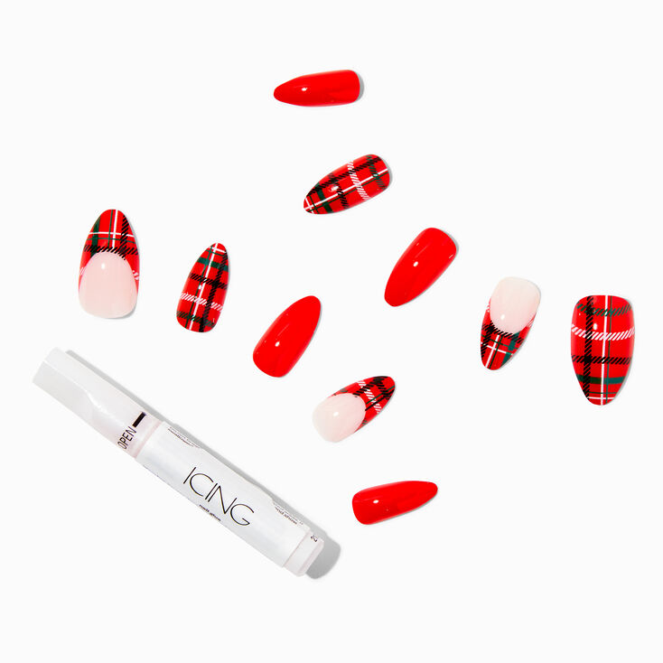 Red Plaid Tip Stiletto Vegan Faux Nail Set - 24 Pack,