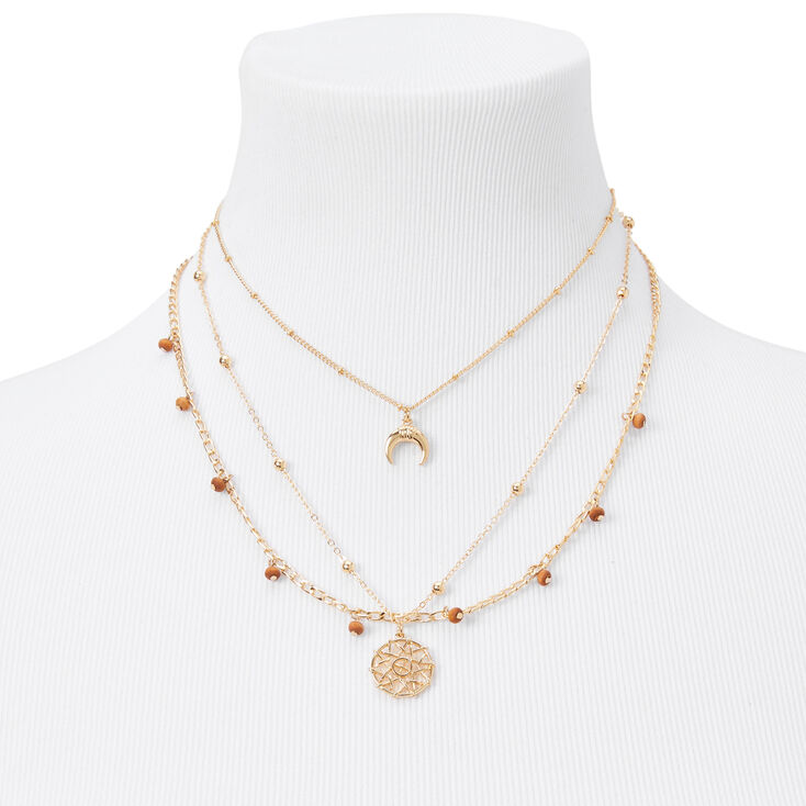 Gold Wooden Horn Multi Strand Chain Necklace Set - Brown, 2 Pack,