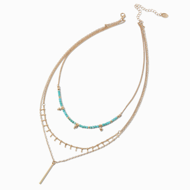 Gold-tone Stick Pendant Turquoise Beaded Multi-Strand Necklace,