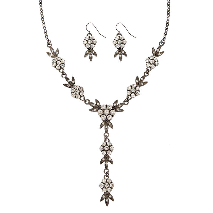 Black Floral with Faux Rhinestone Necklace & Earring Set,
