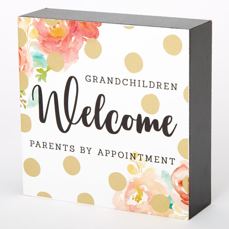 Grandchildren Welcome Floral Polka Dot Word Block - White,