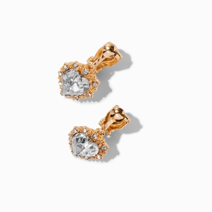 Gold-tone Crystal Heart Clip-On 0.5&quot; Drop Earrings,