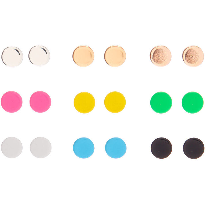 Mixed Metal Neon Button Stud Earrings - 9 Pack,