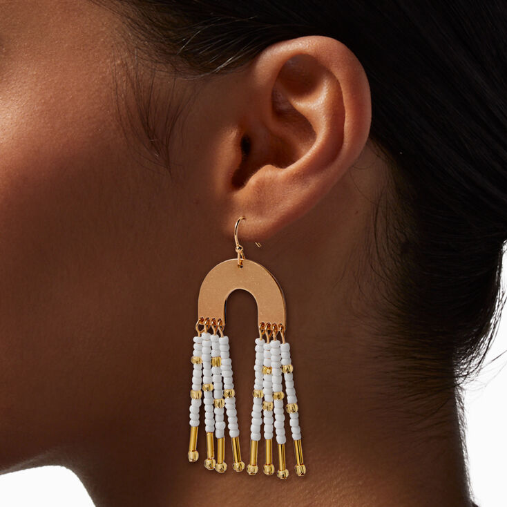 Gold-tone Arch White Beaded Fringe 2.5&quot; Drop Earrings ,