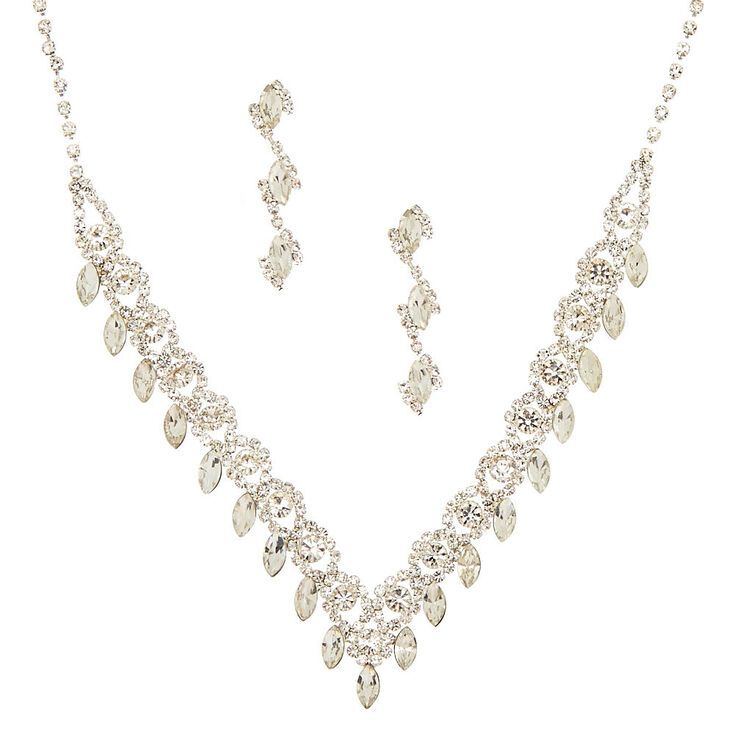 Silver Glass Rhinestone Scalloped Leaf Jewelry Set - 2 Pack,