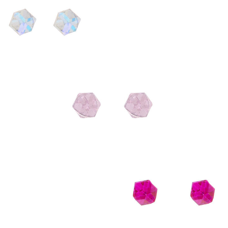 Sterling Silver Iridescent Cube Stud Earrings - Pink, 3 Pack,