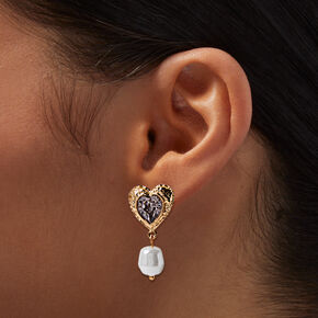 Gold-tone Black Heart &amp; Pearl 0.5&quot; Drop Earrings,