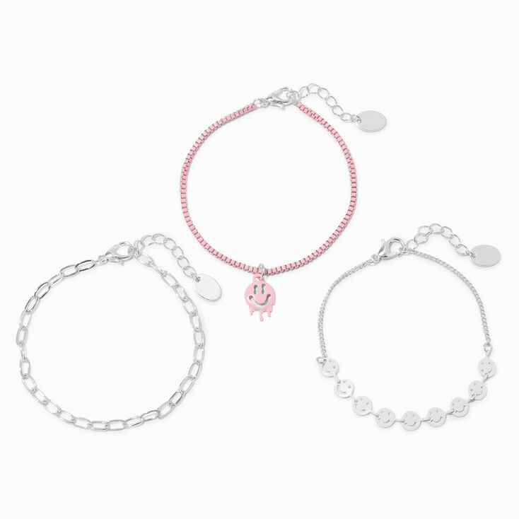Pink Melted Happy Face Chain Bracelets - 3 Pack,