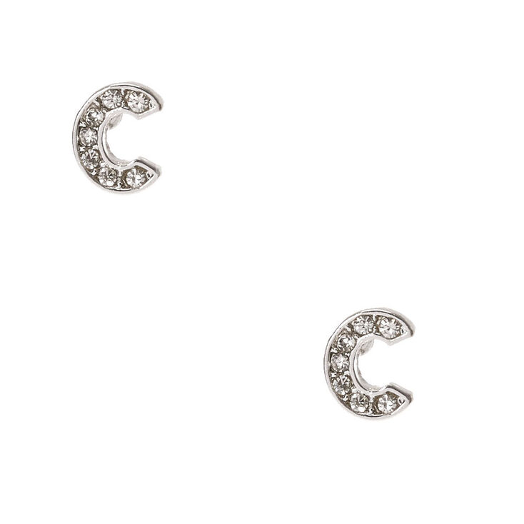 Silver Tone Clear Crystal Initial Letter "C" Stud Earrings,