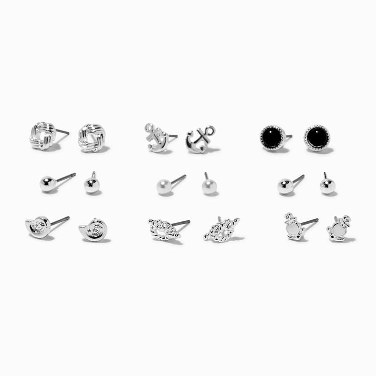 Silver-tone Nautical Stud Earrings - 9 Pack,