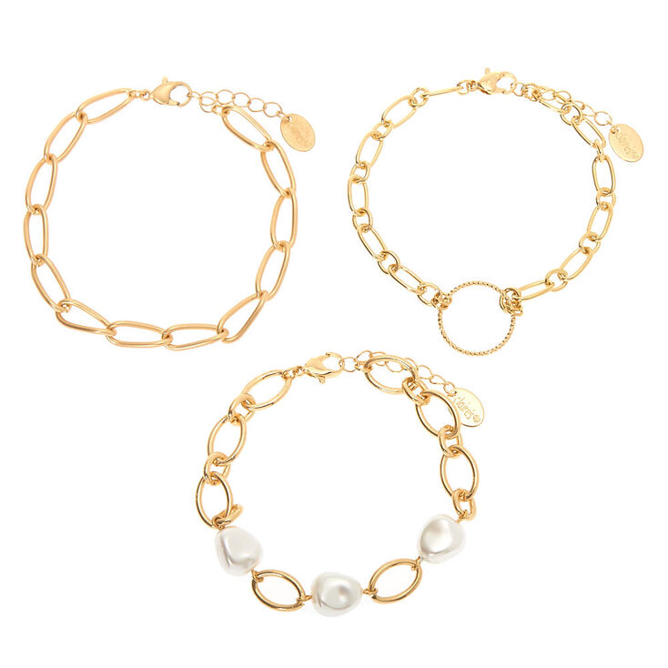Gold Pearl Chain Bracelets - 3 Pack,