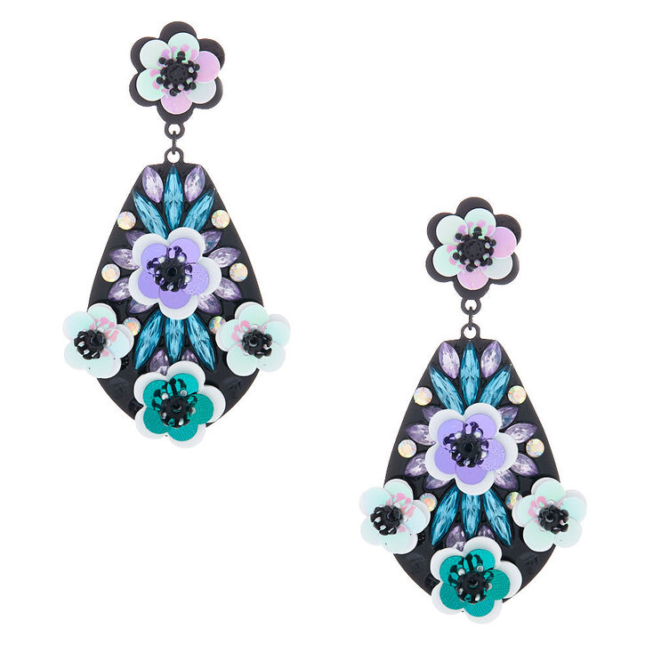 Silver 2" Sequin Floral Drop Earrings - Purple,