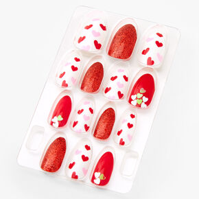 Valentine&#39;s Day Red Glitter Hearts Stiletto Press On Faux Nail Set - 14 Pack,