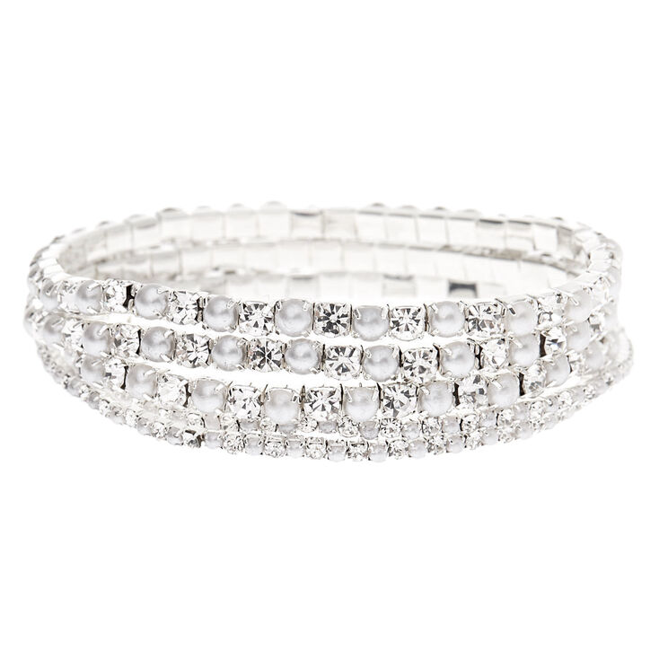 Silver Rhinestone & Pearl Stretch Bracelets - 5 Pack,