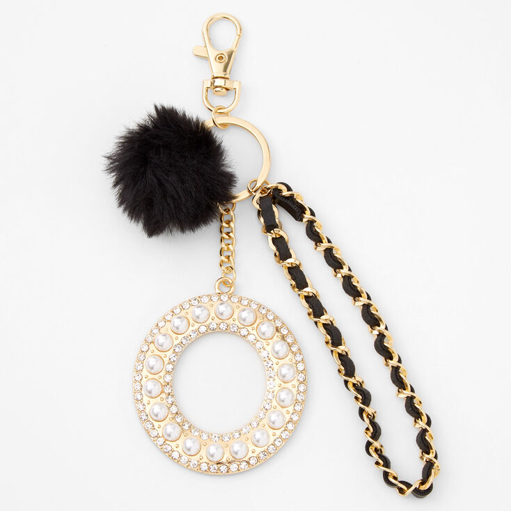 Gold Bling Initial Pom Pom Keychain - Black, O,