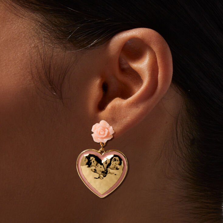 Gold-tone Heart Carved Pink Rose 1.5&quot; Drop Earrings,