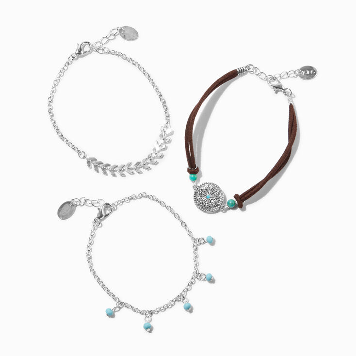 Turquoise Charm Silver Leaf Chain Bracelets - 3 Pack,