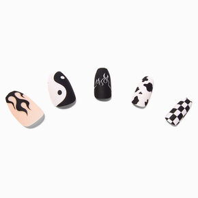 Black &amp; White Yin Yang Coffin Vegan Faux Nail Set - 24 Pack,