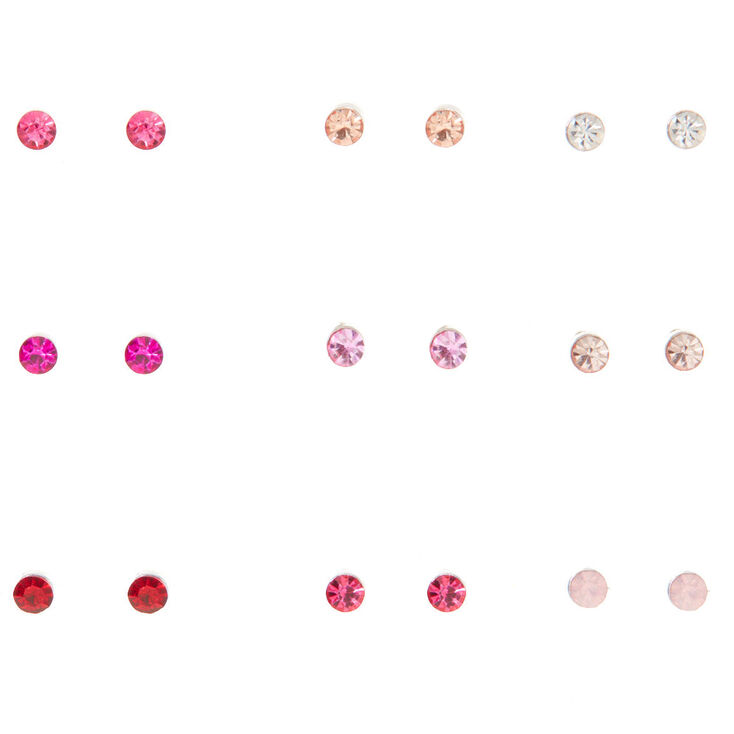 Silver Crystal Stud Earrings - Pink, 9 Pack,