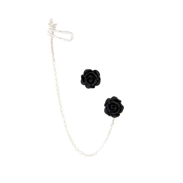 Carved Roses Connector Earrings - Black,