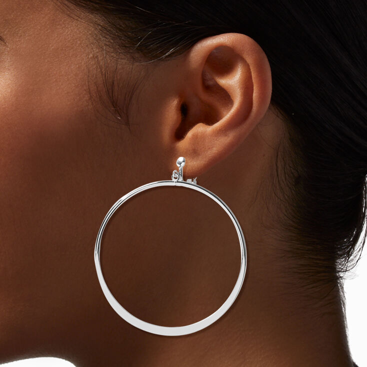 Silver-tone 60MM Glitter Edge Clip On Hoop Earrings,