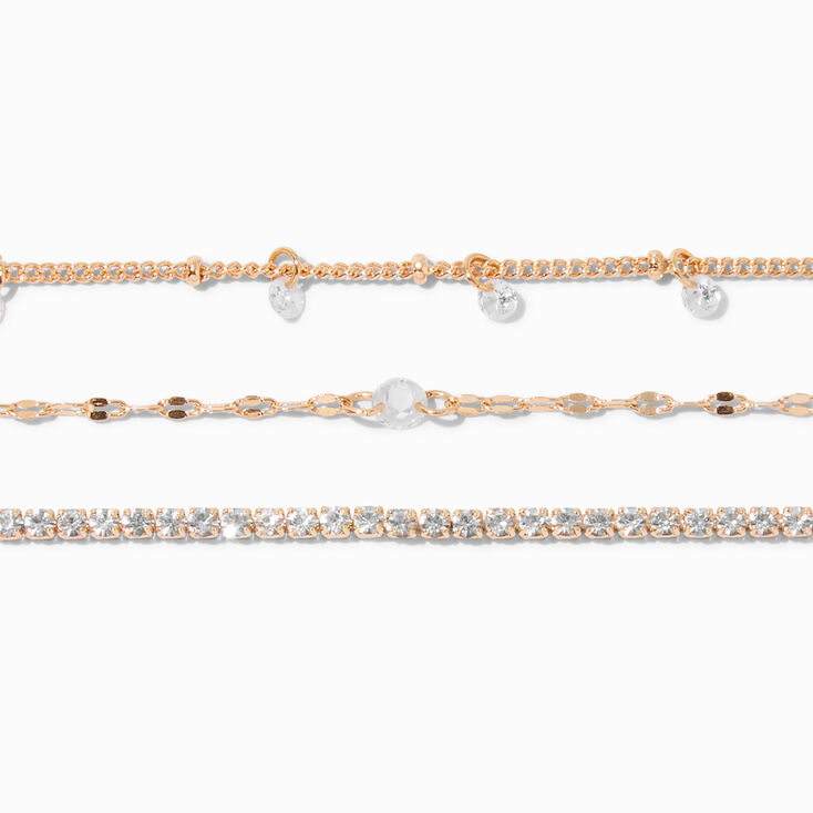 Gold-tone Cubic Zirconia Chain Bracelets - 3 Pack,