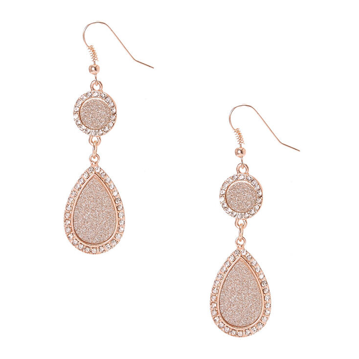 Rose Gold Tone & Silver Glitter Circle & Teardrop Drop Earrings,