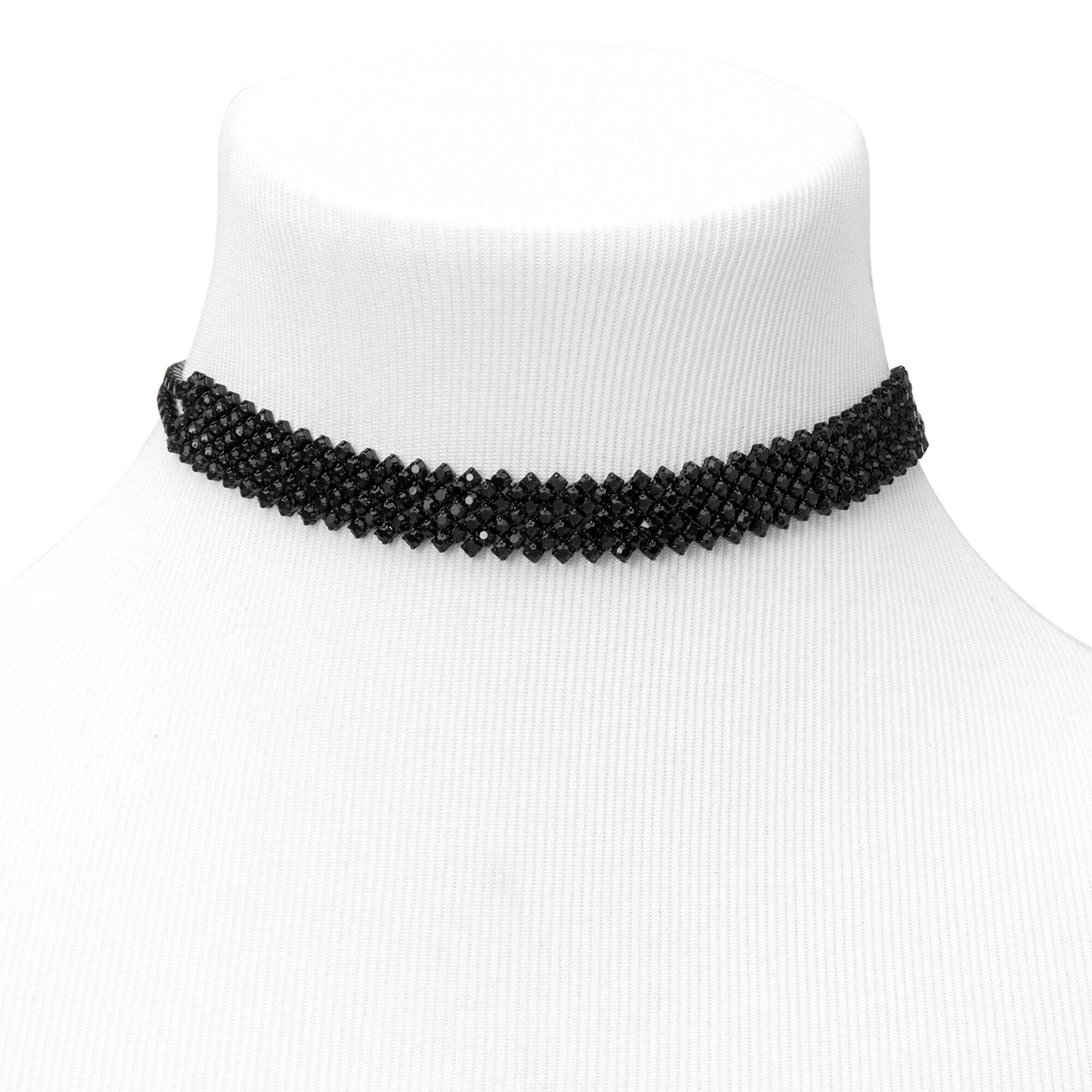 Jet Black Rhinestone Zig Zag Statement Choker Necklace