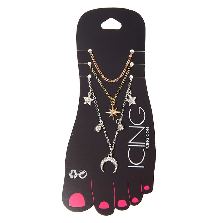Mixed Metal Star Horn Chain Anklets - 3 Pack,
