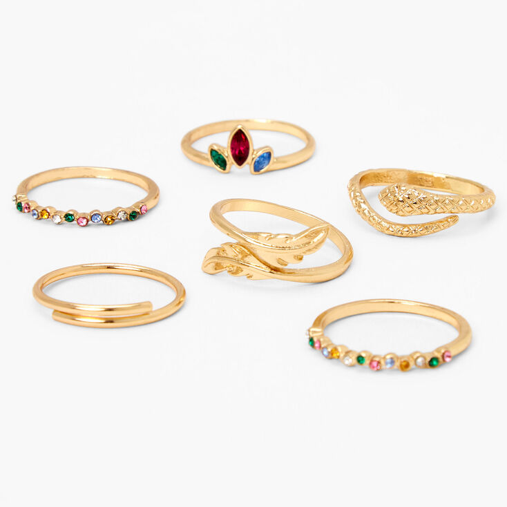 Gold Rhinestone Snake Themed Rings - 6 Pack,