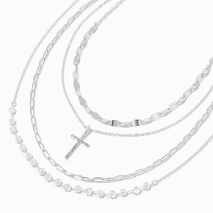 Silver Crystal Cross Pearl Multi-Strand Necklace,