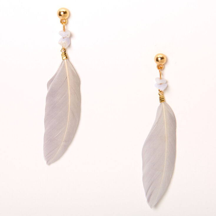 Gold 3" Agate Stone Feather Drop Earrings - Gray,