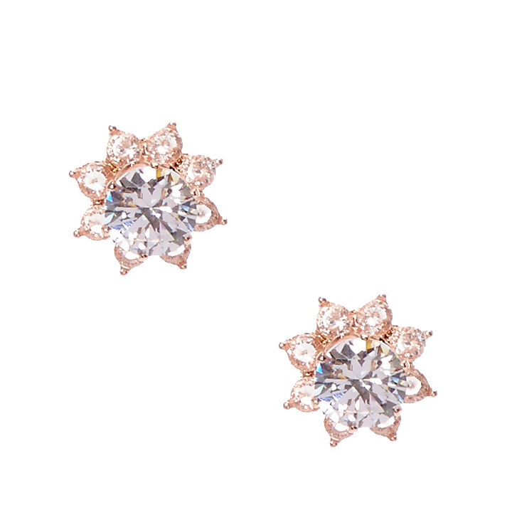 Rose Gold Tone Crystal Flower Front & Back Stud Earrings,