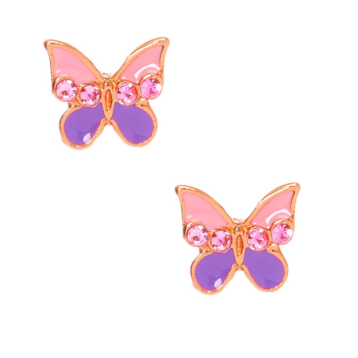 Sterling Silver Pink & Purple Split Butterfly Stud Earrings,