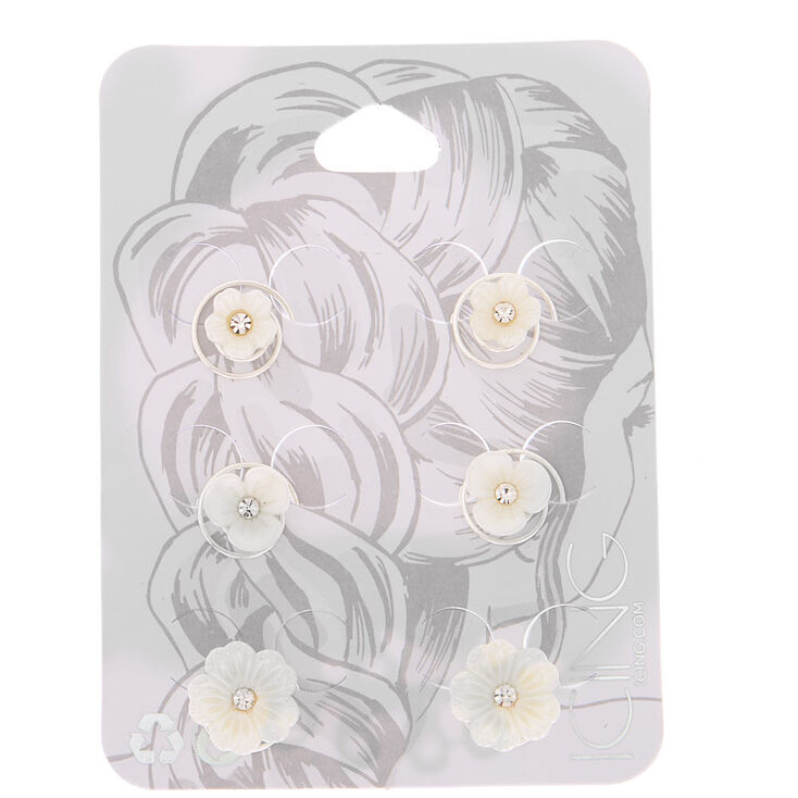 Pearlized Floral Hair Spinners - White, 6 Pack,