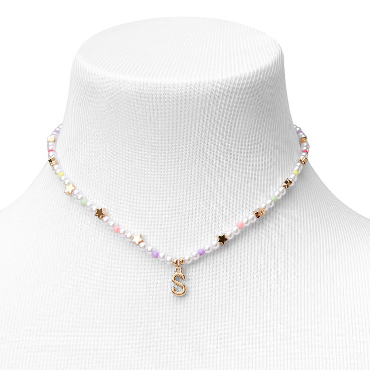 Gold Star &amp; Pastel Pearl Initial Pendant Necklace - S,