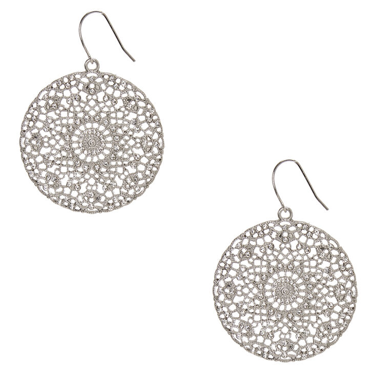 Silver Tone Faux Crystal Accented Filigree Medallion Drop Earrings,