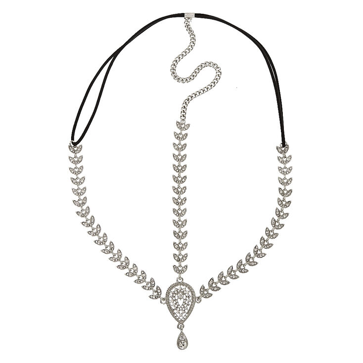 Silver Tone Crystal Leaves & Teardrop Medallion 3-Way Headwrap,