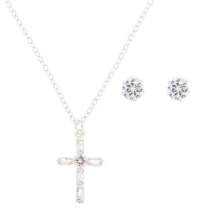 Silver Tone & Faux Crystal Cross Pendant Jewelry Set,