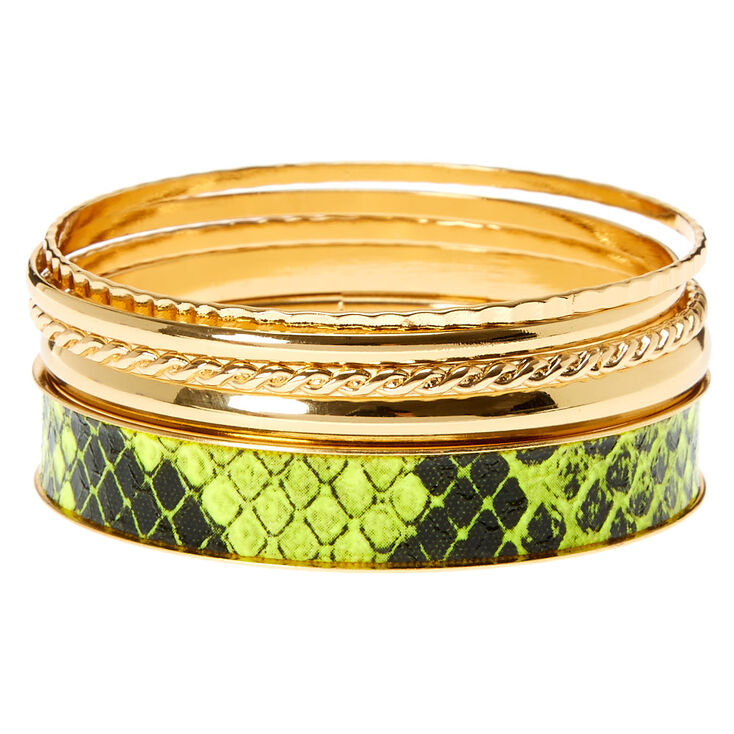 Gold & Neon Snakeskin Bangle Bracelets - 5 Pack,