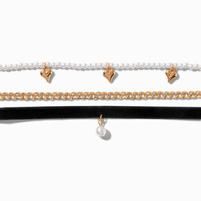 Heart &amp; Pearl Gold-tone Choker Necklaces - 3 Pack ,