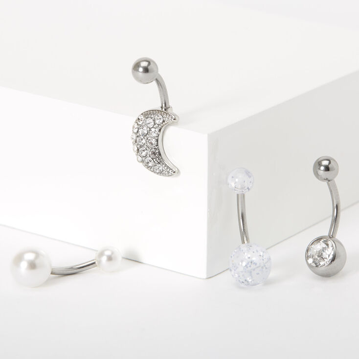Silver 14G Pearl Moon Belly Rings - 4 Pack,