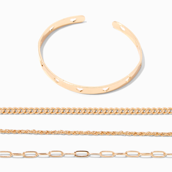 Gold Chain &amp; Heart Cuff Bracelet Set - 4 Pack,