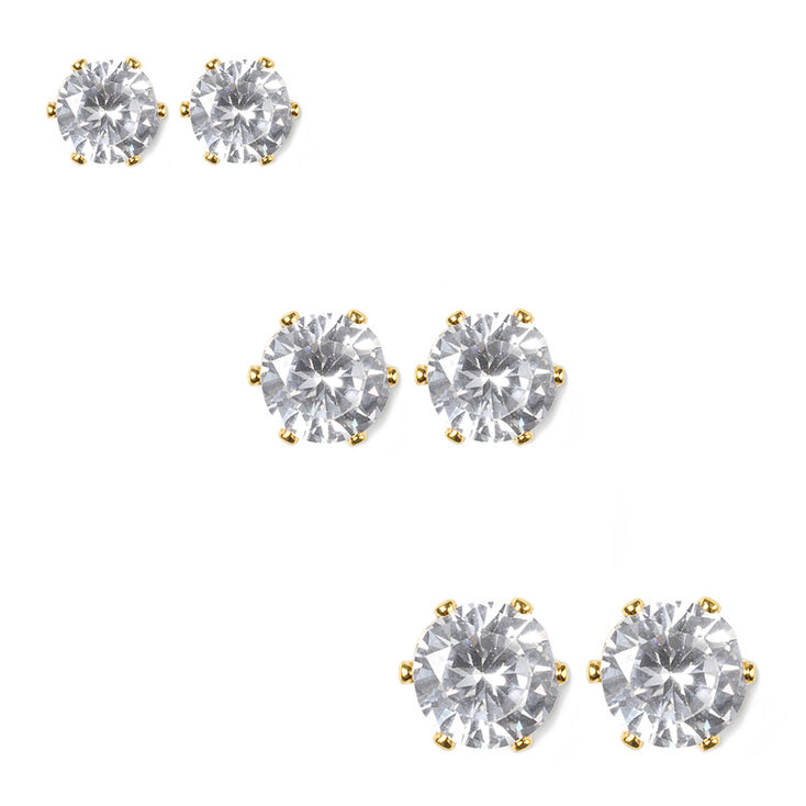 Cubic Zirconia Round Six Prong Set Stud Earrings Set of 3,