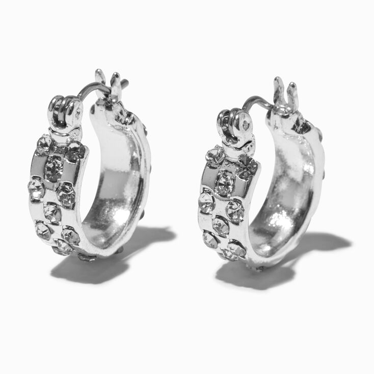 Silver-tone Rhinestone Dots 10MM Hoop Earrings,