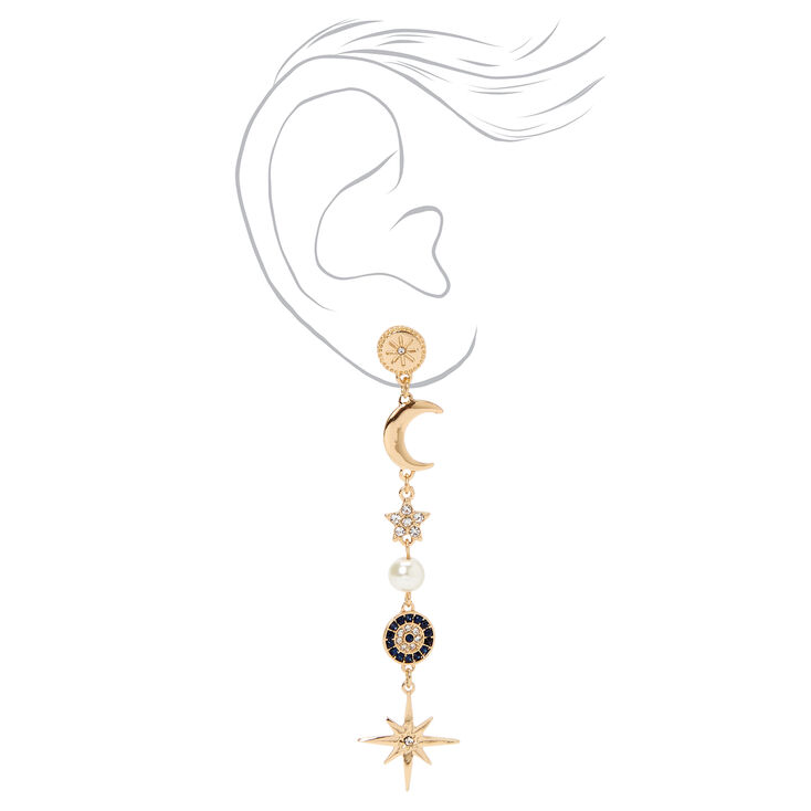 Gold Moon &amp; Stars 3&quot; Linear Drop Earrings,